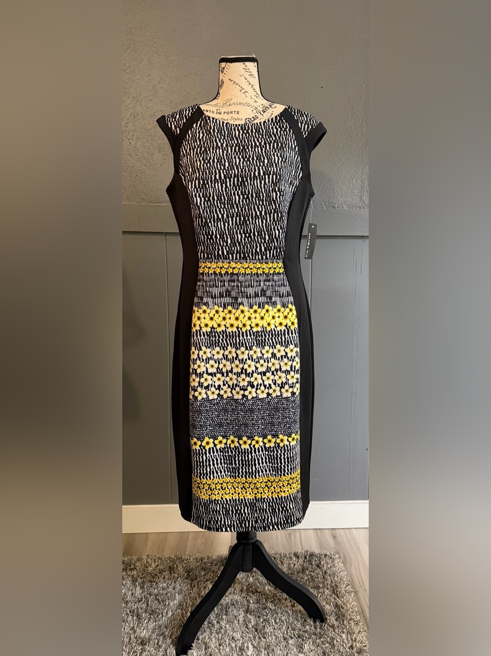 Enfocus Studio Black & Yellow Floral Midi Sheath Dress